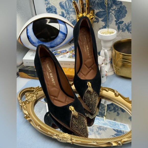 🆕 KURT GEIGER LONDON 🧿 NWOB Zip Court Heel, Black Suede & Gold Crystal Sz 37 7 - Picture 6 of 16